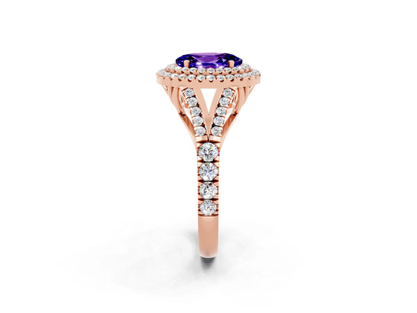 Rose gold Double Halo Oval Cut Tanzanite Split Shank Engagement Ring with Four-Prong Setting