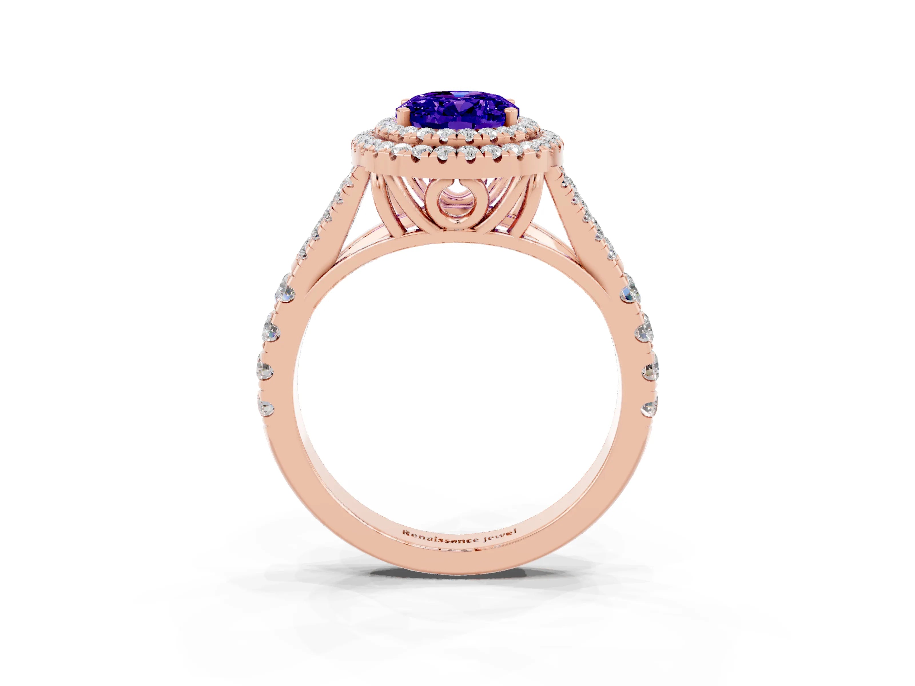 Rose gold Double Halo Oval Cut Tanzanite Split Shank Engagement Ring with Four-Prong Setting_3