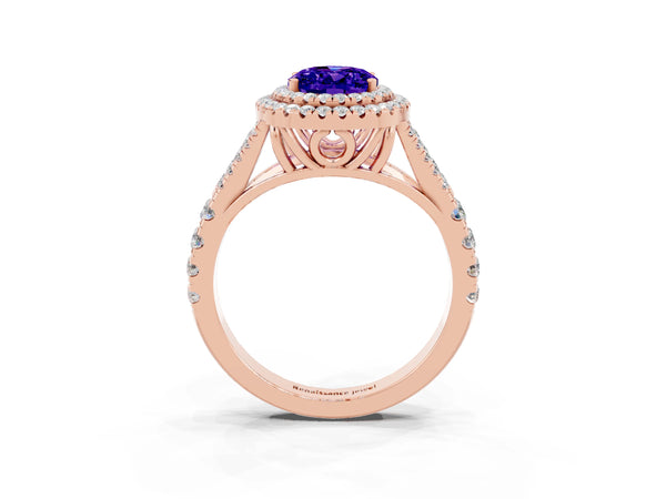 Rose gold Double Halo Oval Cut Tanzanite Split Shank Engagement Ring with Four-Prong Setting