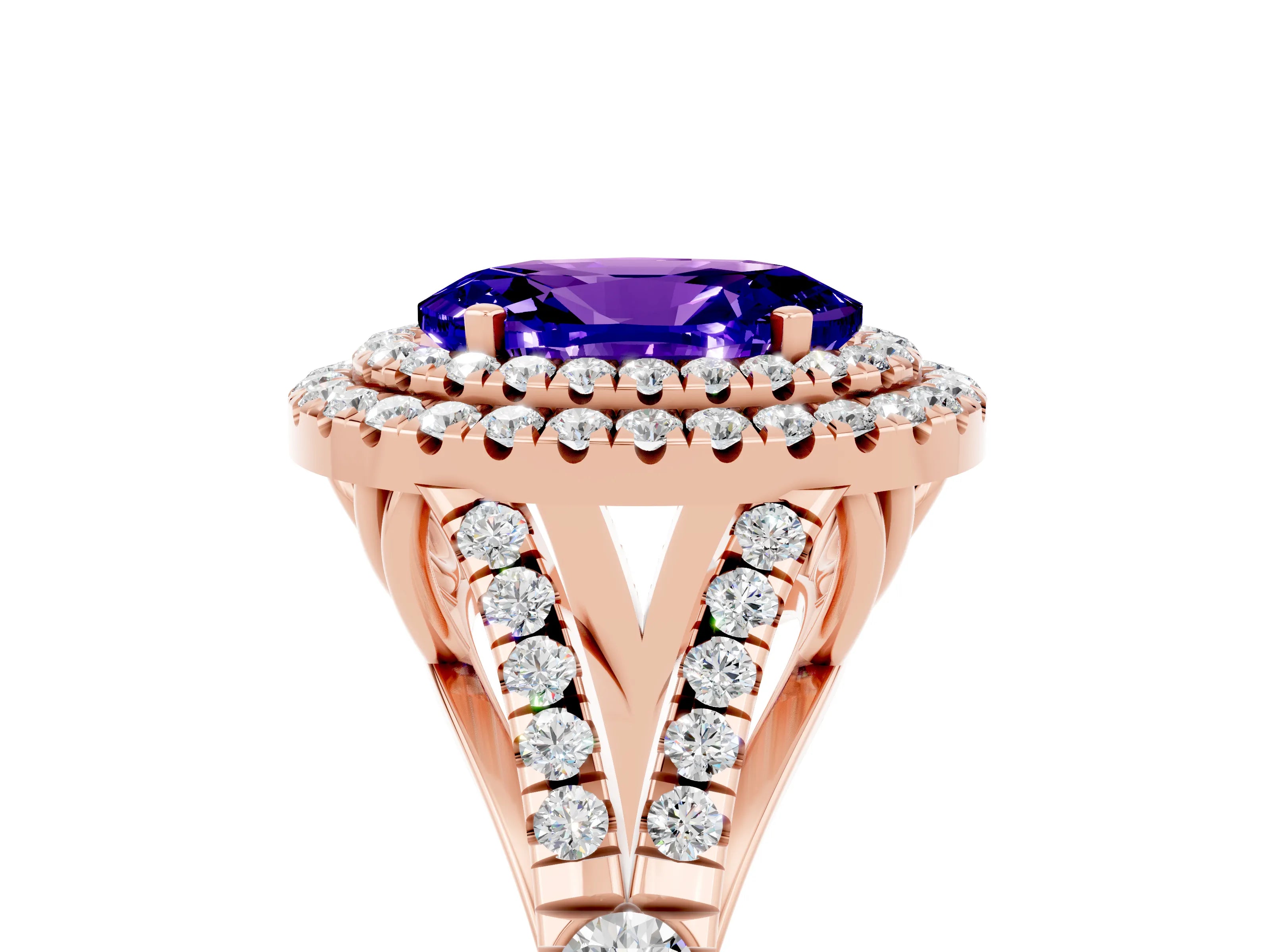 Rose gold Double Halo Oval Cut Tanzanite Split Shank Engagement Ring with Four-Prong Setting_5