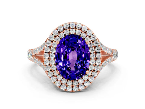 Rose gold Double Halo Oval Cut Tanzanite Split Shank Engagement Ring with Four-Prong Setting