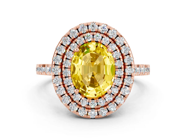 Rose gold Double Halo Oval Cut Yellow Sapphire Pavé Band with Four-Prong Setting