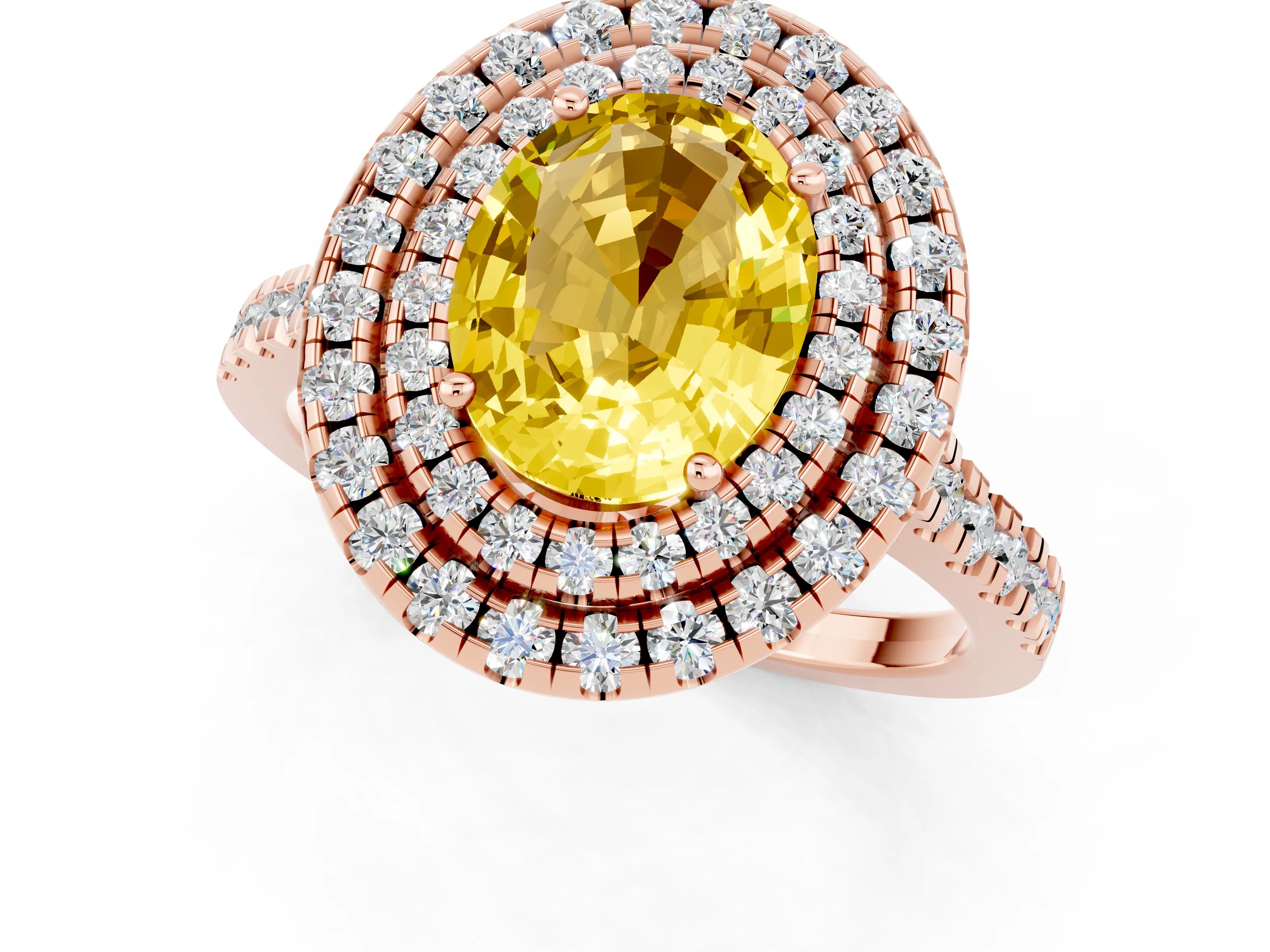 Rose gold Double Halo Oval Cut Yellow Sapphire Pavé Band with Four-Prong Setting_25