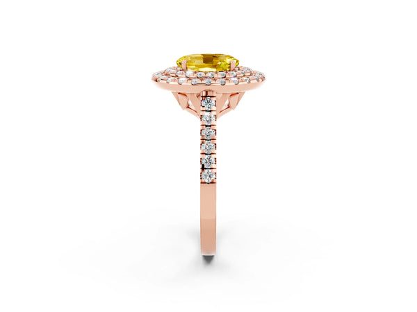 Rose gold Double Halo Oval Cut Yellow Sapphire Pavé Band with Four-Prong Setting
