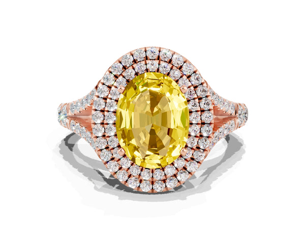 Rose gold Double Halo Oval Cut Yellow Sapphire Pavé Split Shank Ring with Prong Setting