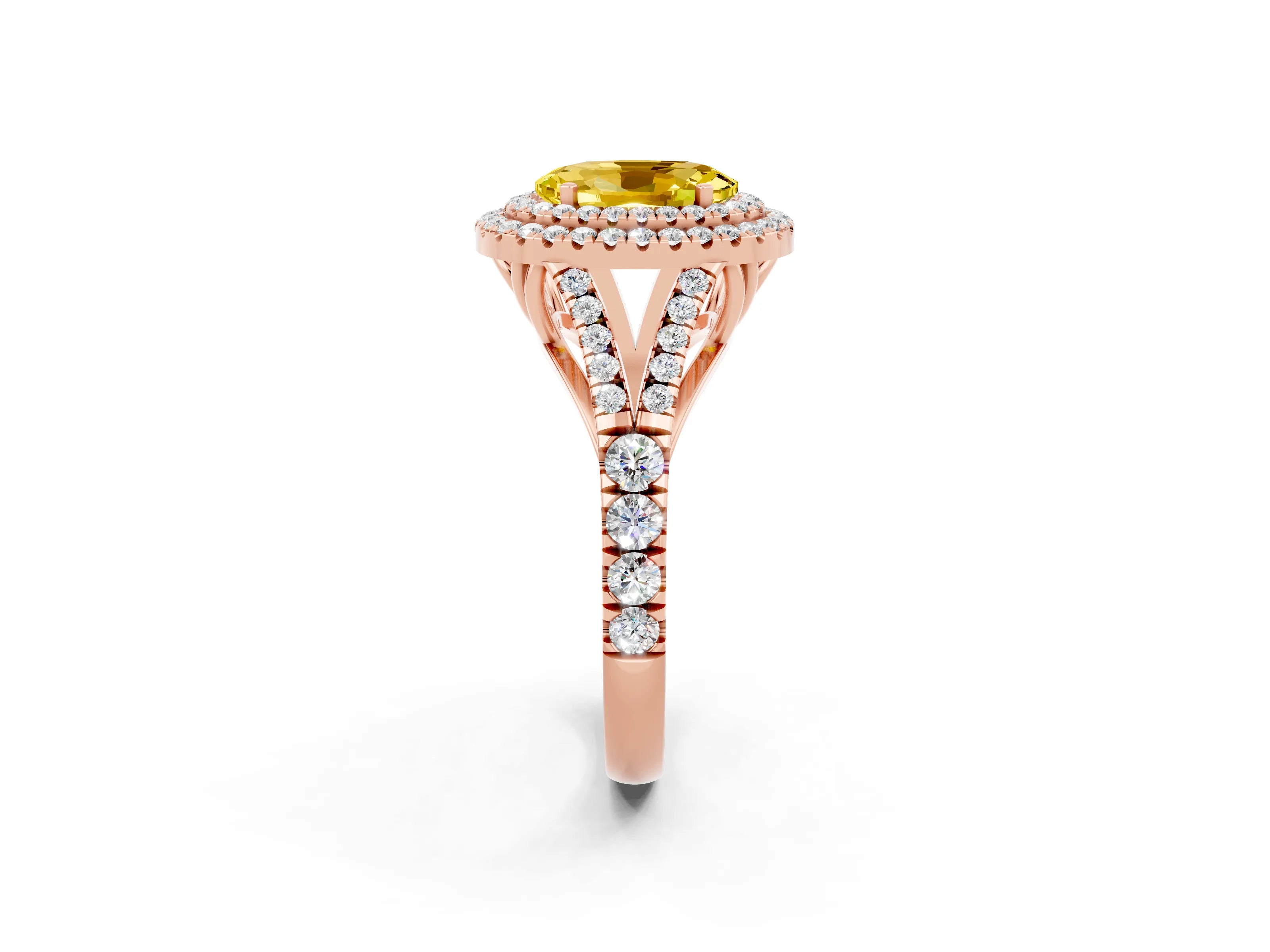 Rose gold Double Halo Oval Cut Yellow Sapphire Pavé Split Shank Ring with Prong Setting_2