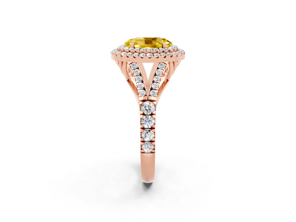 Rose gold Double Halo Oval Cut Yellow Sapphire Pavé Split Shank Ring with Prong Setting