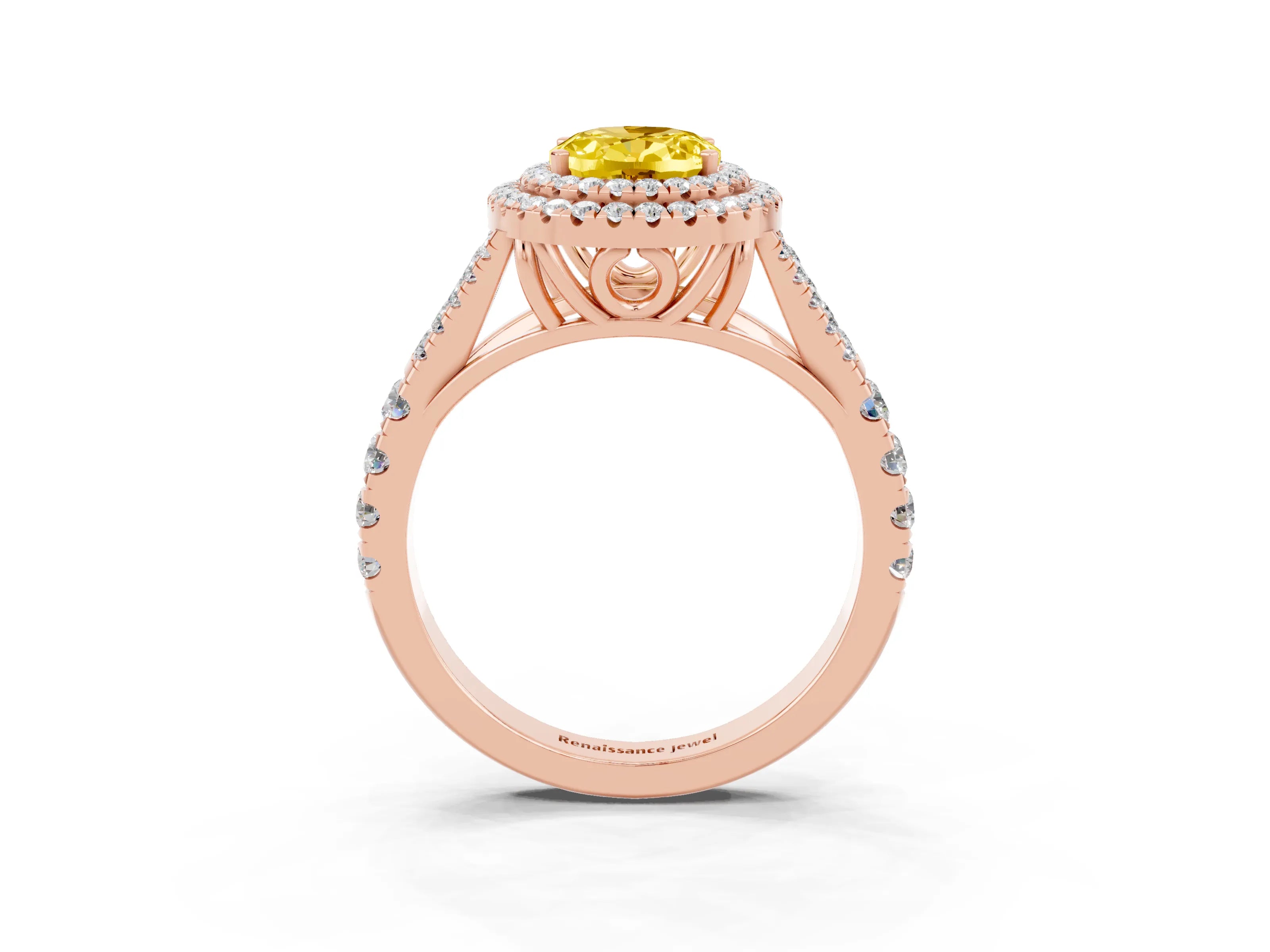 Rose gold Double Halo Oval Cut Yellow Sapphire Pavé Split Shank Ring with Prong Setting_3