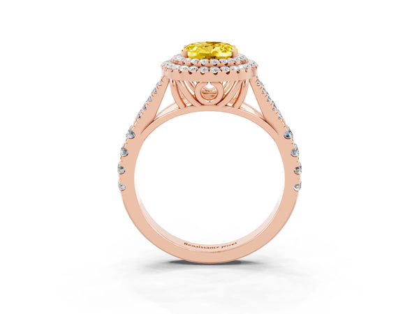 Rose gold Double Halo Oval Cut Yellow Sapphire Pavé Split Shank Ring with Prong Setting