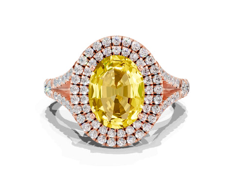 Rose gold Double Halo Oval Cut Yellow Sapphire Pavé Split Shank Ring with Prong Setting