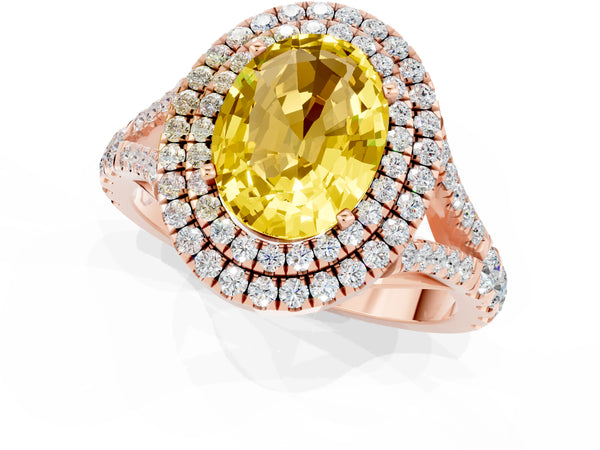 Rose gold Double Halo Oval Cut Yellow Sapphire Split Shank Engagement Ring with Four-Prong Setting