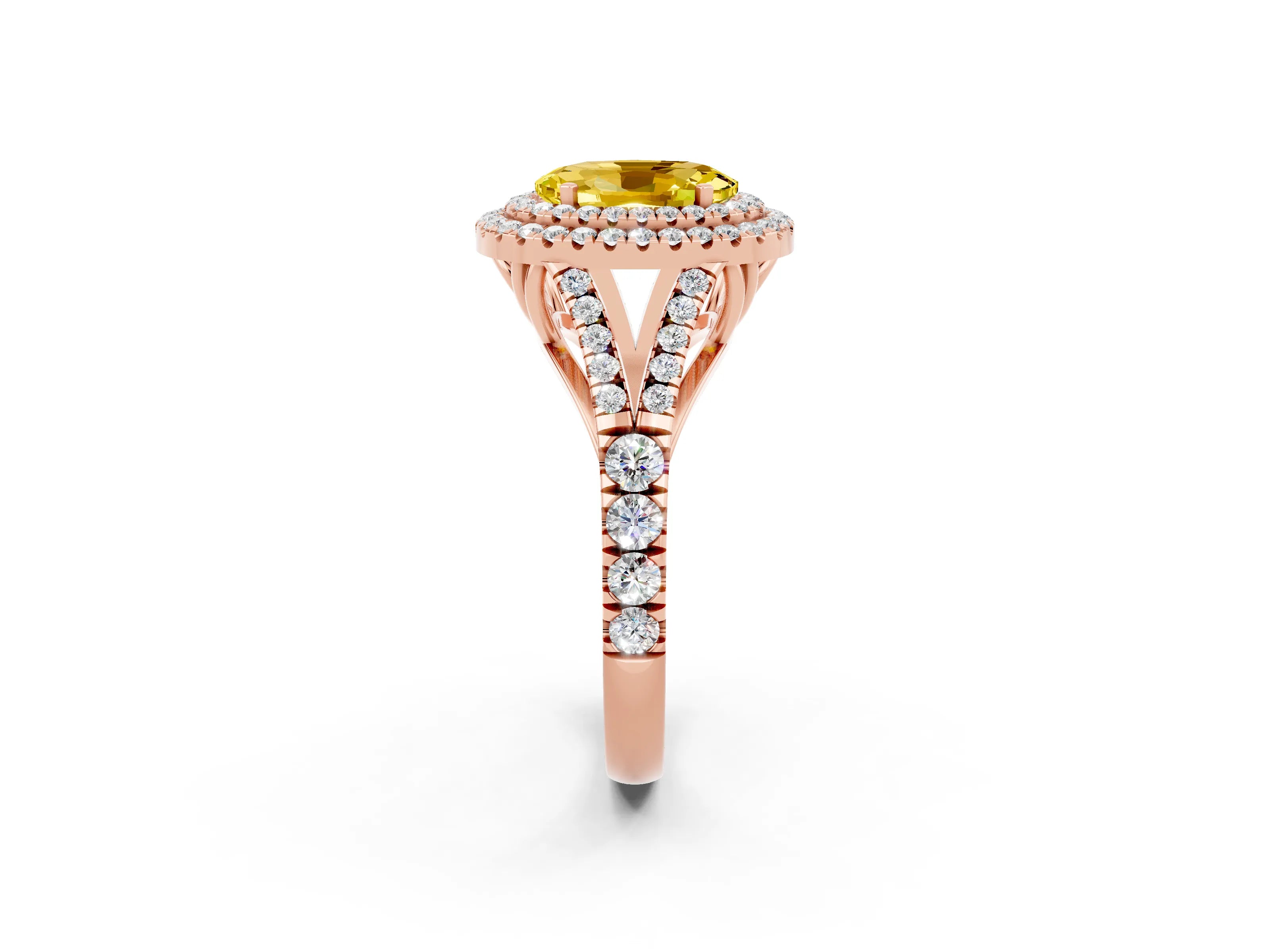 Rose gold Double Halo Oval Cut Yellow Sapphire Split Shank Engagement Ring with Four-Prong Setting_2