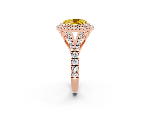 Rose gold Double Halo Oval Cut Yellow Sapphire Split Shank Engagement Ring with Four-Prong Setting
