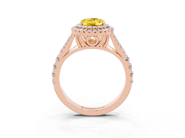 Rose gold Double Halo Oval Cut Yellow Sapphire Split Shank Engagement Ring with Four-Prong Setting