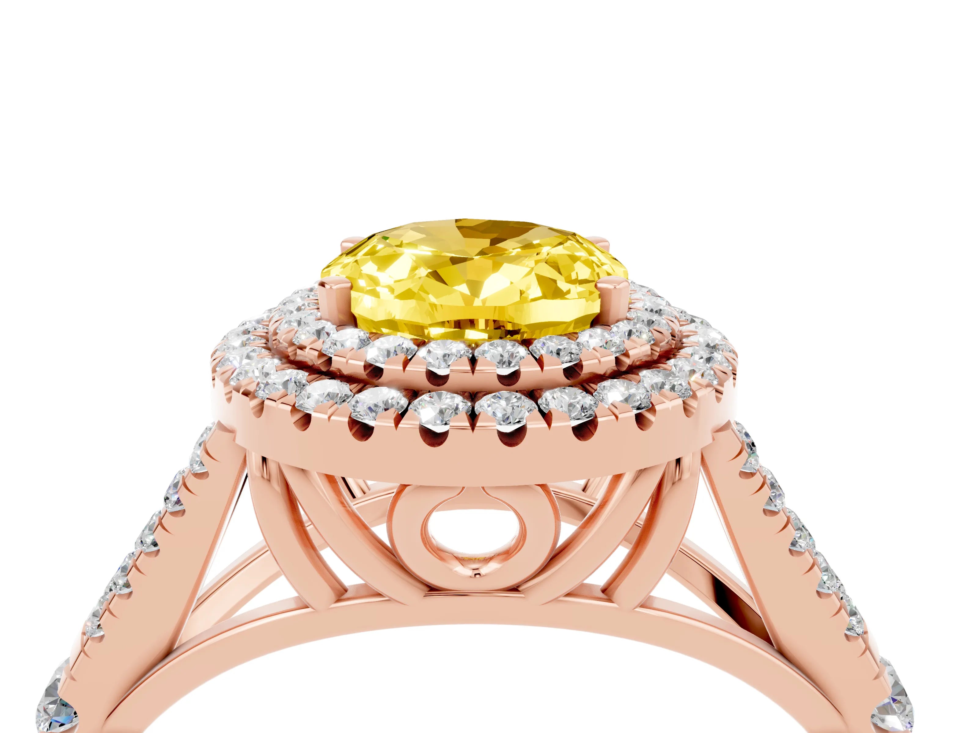 Rose gold Double Halo Oval Cut Yellow Sapphire Split Shank Engagement Ring with Four-Prong Setting_4