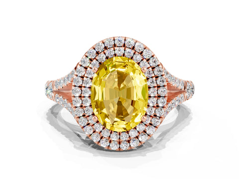 Rose gold Double Halo Oval Cut Yellow Sapphire Split Shank Engagement Ring with Four-Prong Setting
