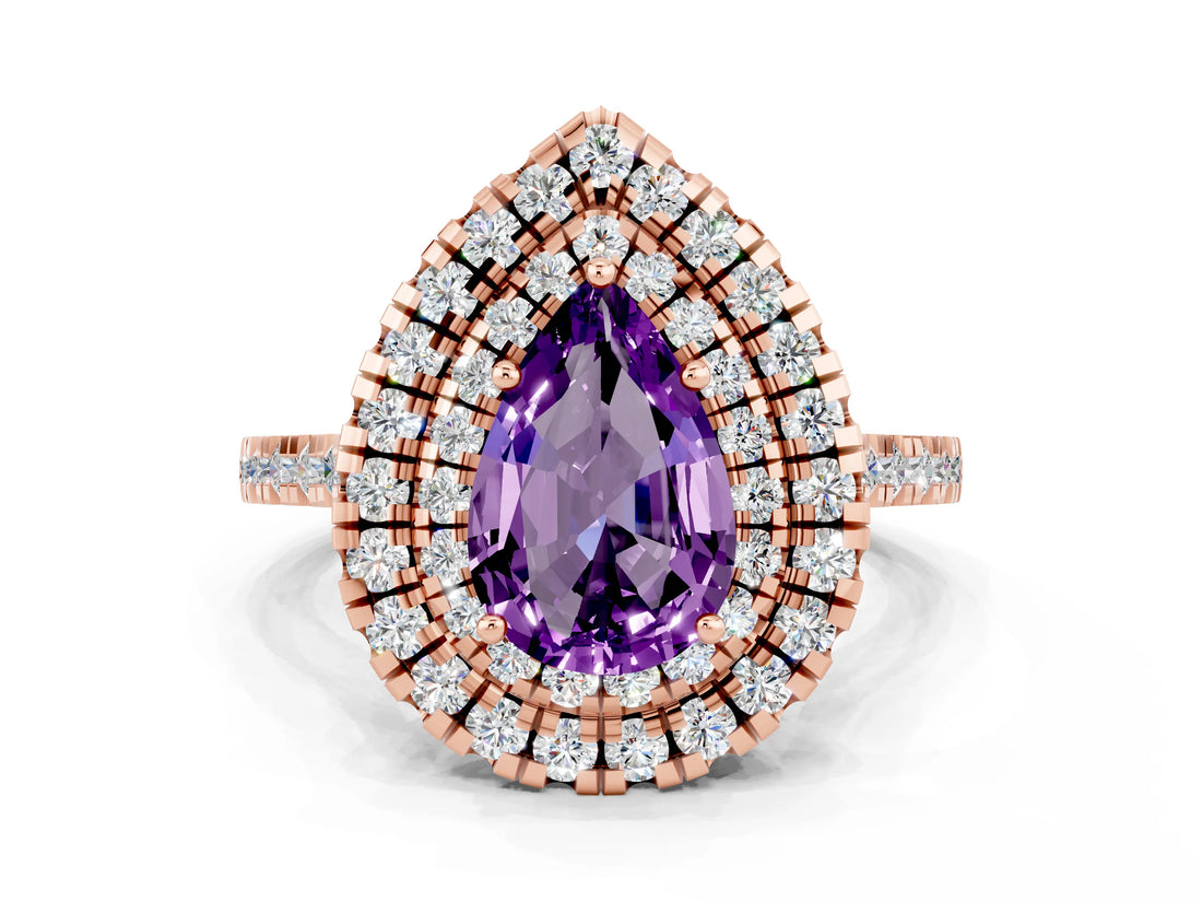 Rose gold Double Halo Pear Cut Amethyst Pavé Band with Four-Prong Setting