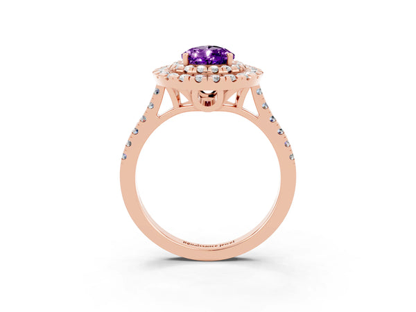 Rose gold Double Halo Pear Cut Amethyst Pavé Band with Four-Prong Setting