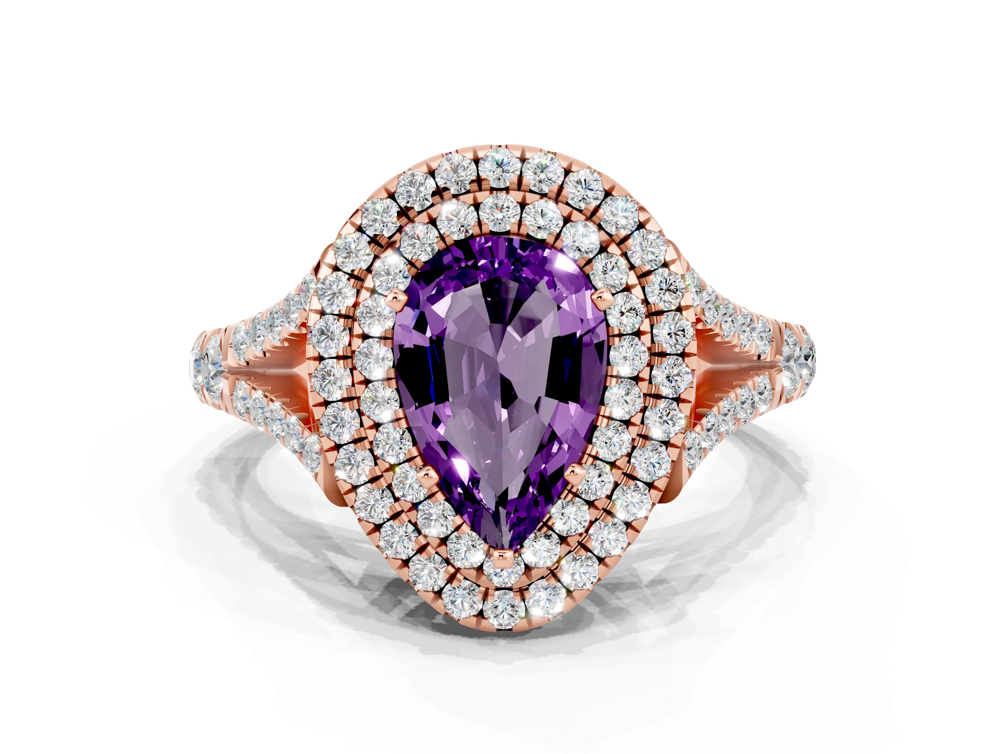 Rose gold Double Halo Pear Cut Amethyst Pavé Split Shank Ring with Prong Setting