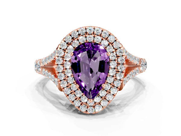 Rose gold Double Halo Pear Cut Amethyst Pavé Split Shank Ring with Prong Setting