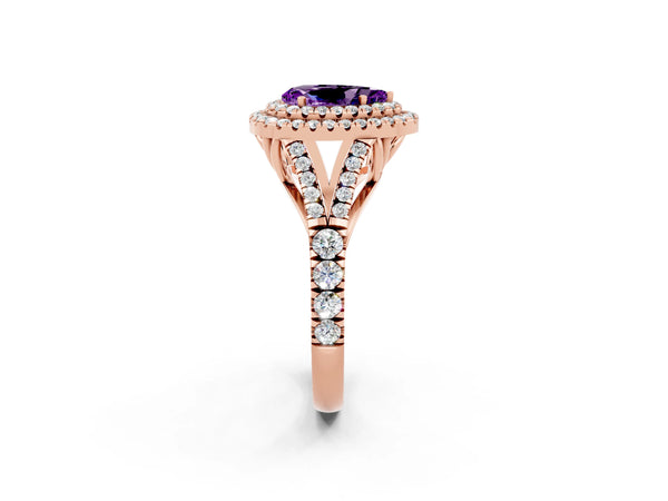 Rose gold Double Halo Pear Cut Amethyst Pavé Split Shank Ring with Prong Setting