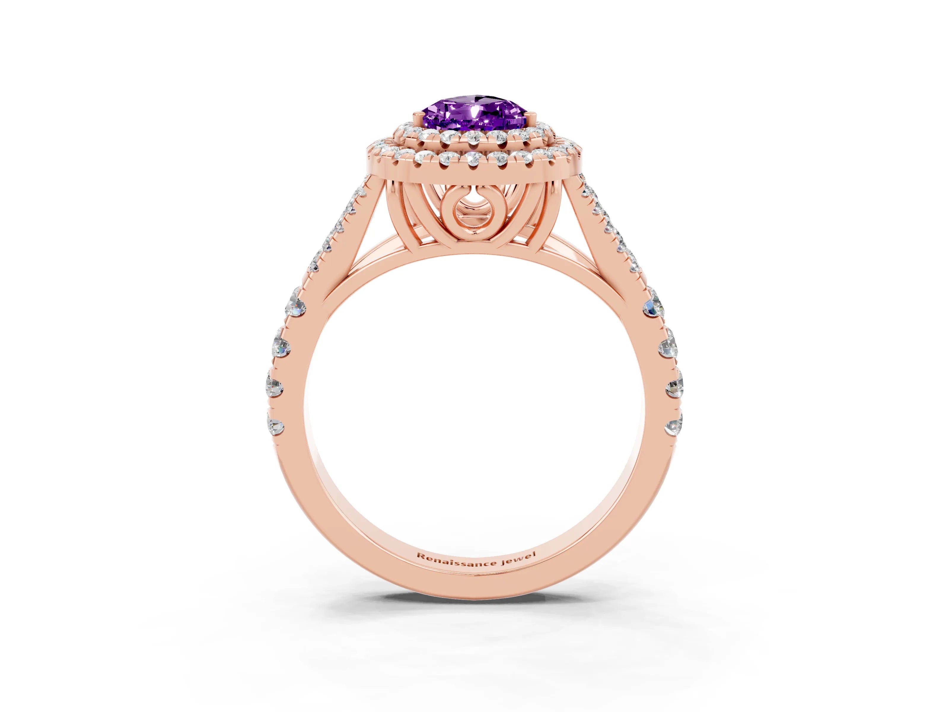Rose gold Double Halo Pear Cut Amethyst Pavé Split Shank Ring with Prong Setting_3
