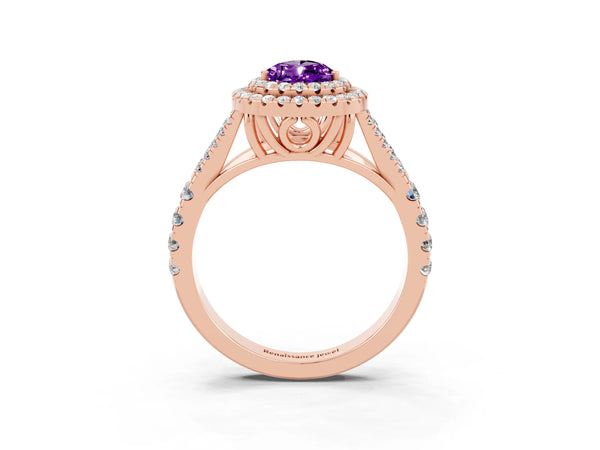 Rose gold Double Halo Pear Cut Amethyst Pavé Split Shank Ring with Prong Setting