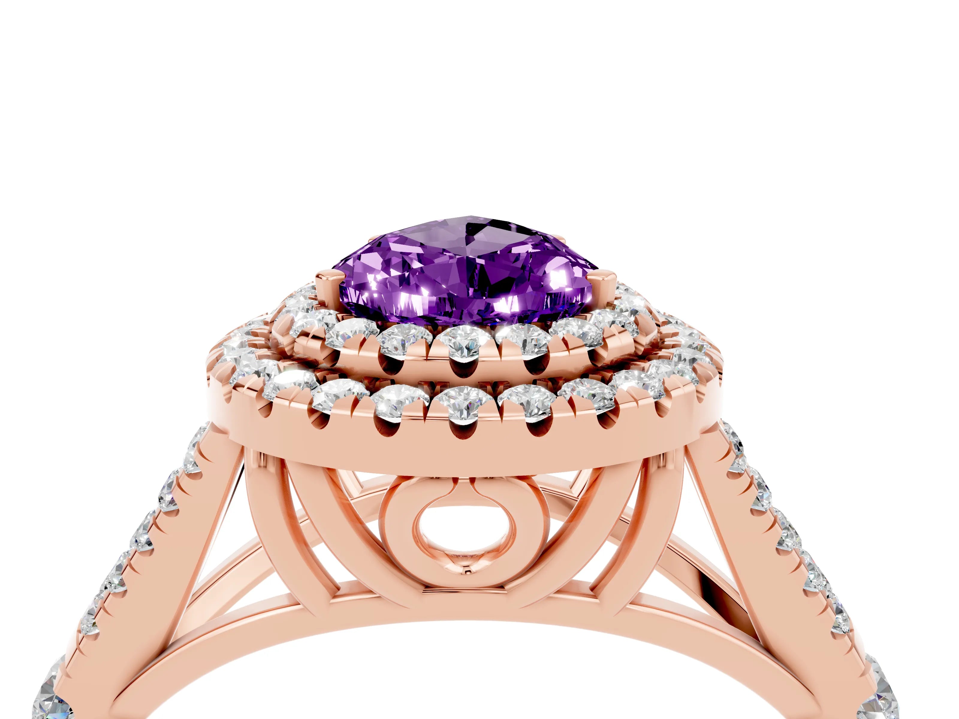 Rose gold Double Halo Pear Cut Amethyst Pavé Split Shank Ring with Prong Setting_4