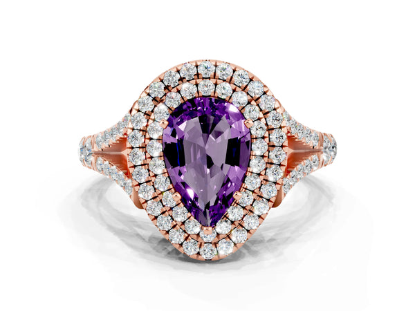 Rose gold Double Halo Pear Cut Amethyst Split Shank Engagement Ring with Four-Prong Setting