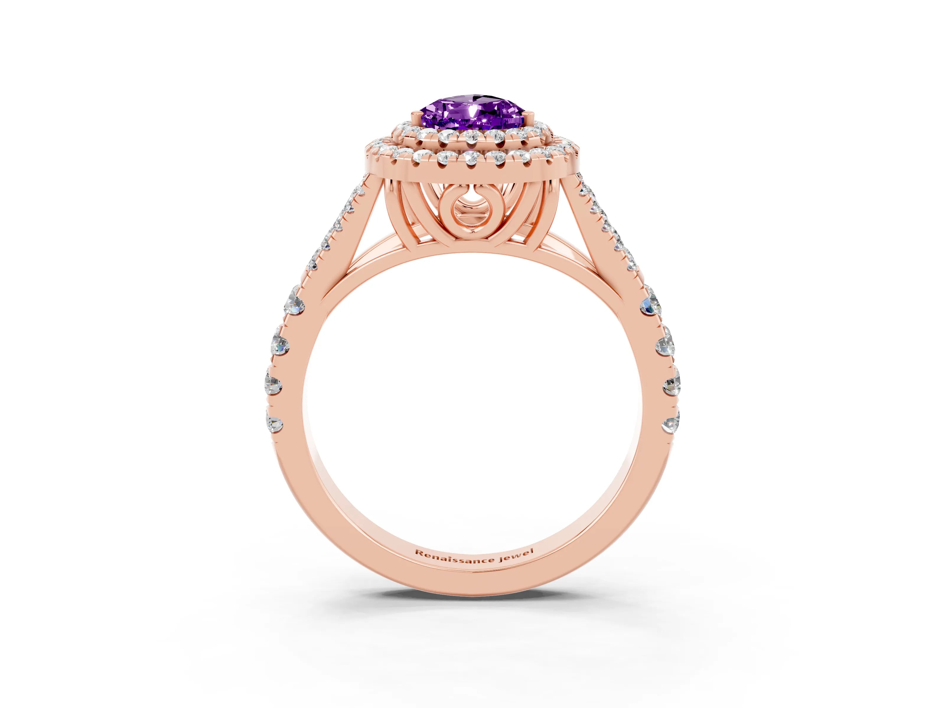 Rose gold Double Halo Pear Cut Amethyst Split Shank Engagement Ring with Four-Prong Setting_3