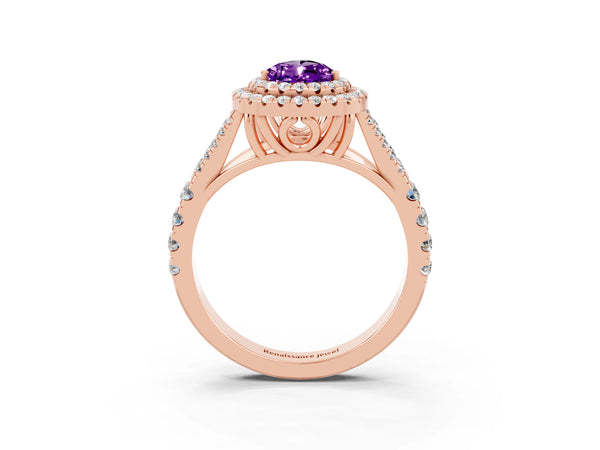 Rose gold Double Halo Pear Cut Amethyst Split Shank Engagement Ring with Four-Prong Setting