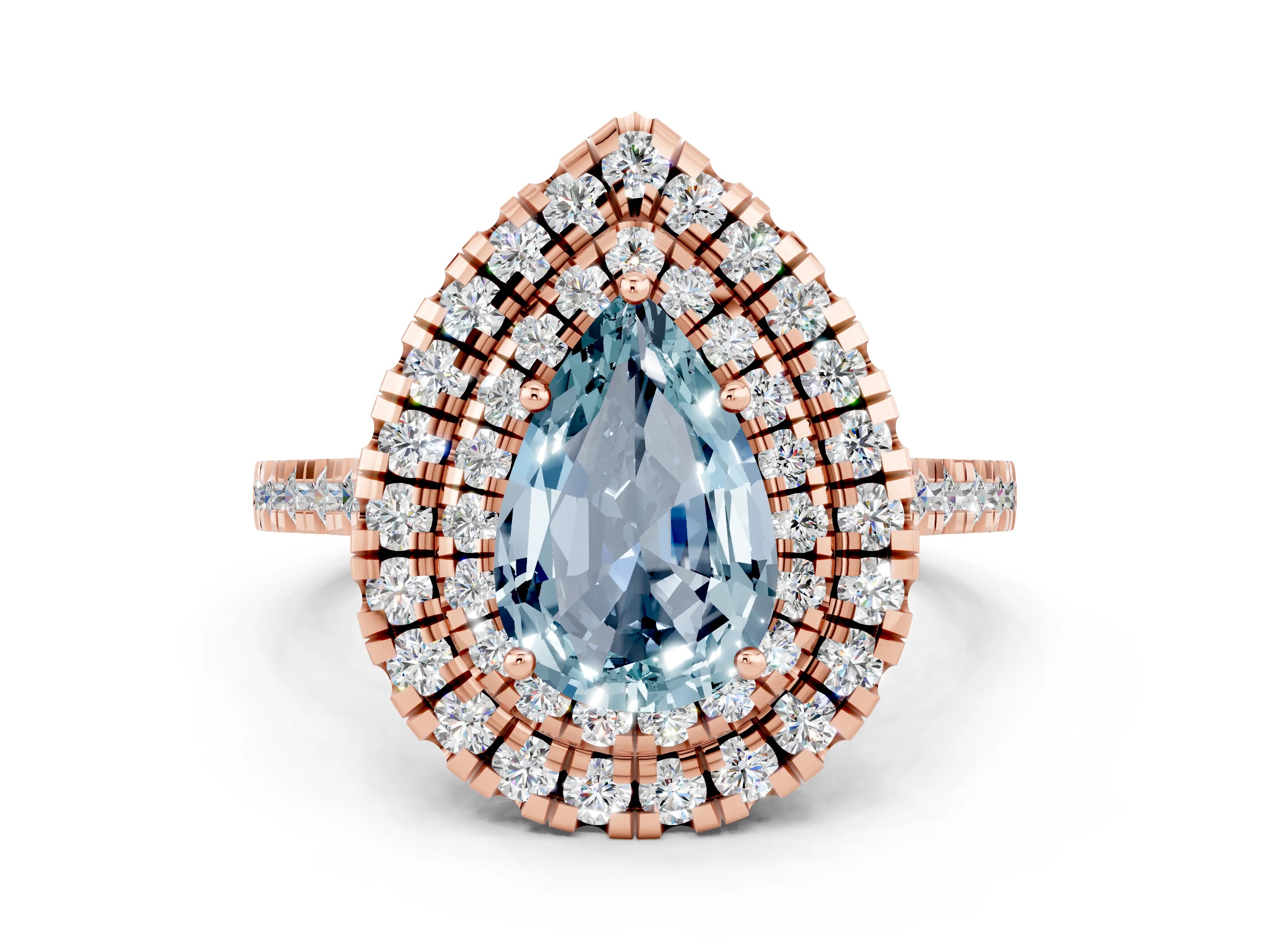 Rose gold Double Halo Pear Cut Aquamarine Pavé Band with Four-Prong Setting