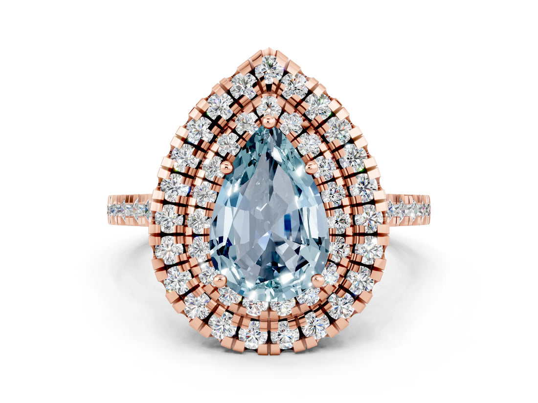 Rose gold Double Halo Pear Cut Aquamarine Pavé Band with Four-Prong Setting