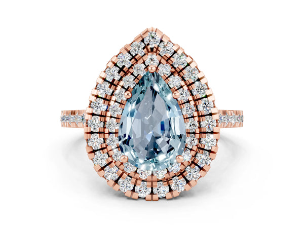 Rose gold Double Halo Pear Cut Aquamarine Pavé Band with Four-Prong Setting