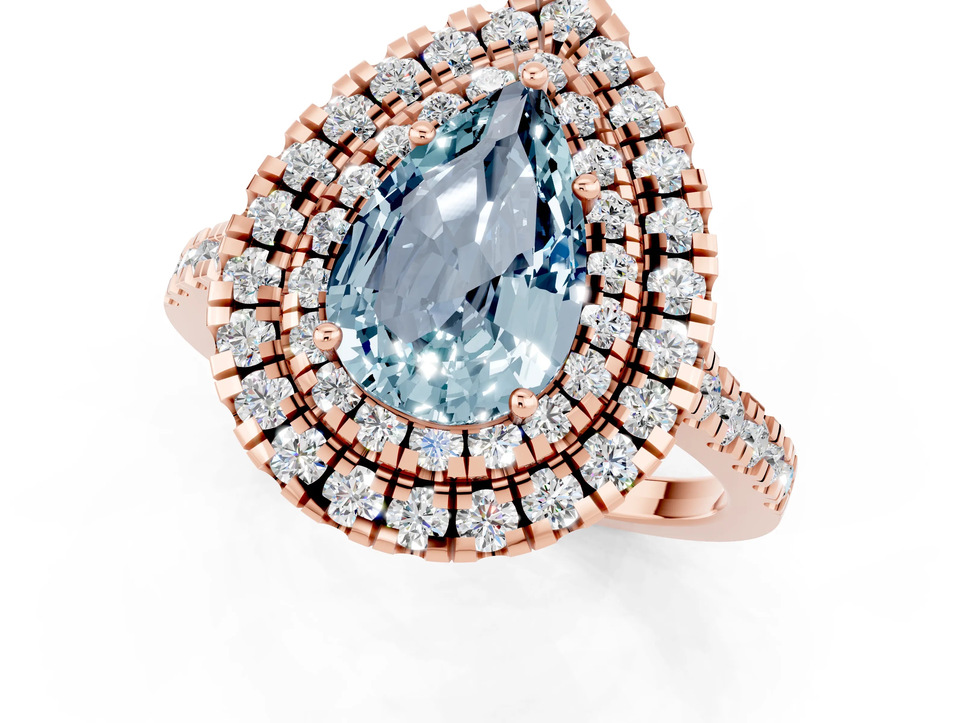 Rose gold Double Halo Pear Cut Aquamarine Pavé Band with Four-Prong Setting_1