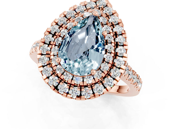 Rose gold Double Halo Pear Cut Aquamarine Pavé Band with Four-Prong Setting