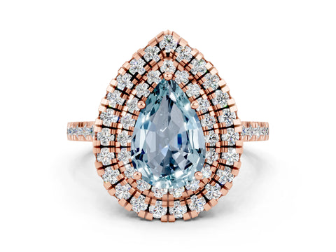 Rose gold Double Halo Pear Cut Aquamarine Pavé Band with Four-Prong Setting