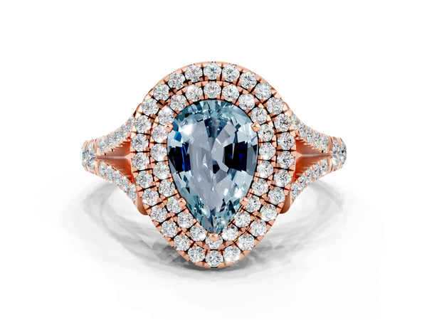Rose gold Double Halo Pear Cut Aquamarine Pavé Split Shank Ring with Prong Setting