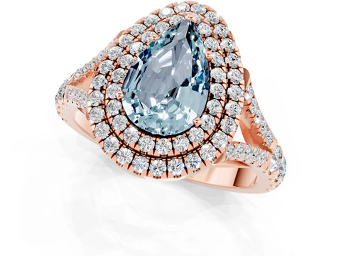 Rose gold Double Halo Pear Cut Aquamarine Pavé Split Shank Ring with Prong Setting_1