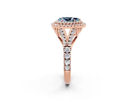 Rose gold Double Halo Pear Cut Aquamarine Pavé Split Shank Ring with Prong Setting_2