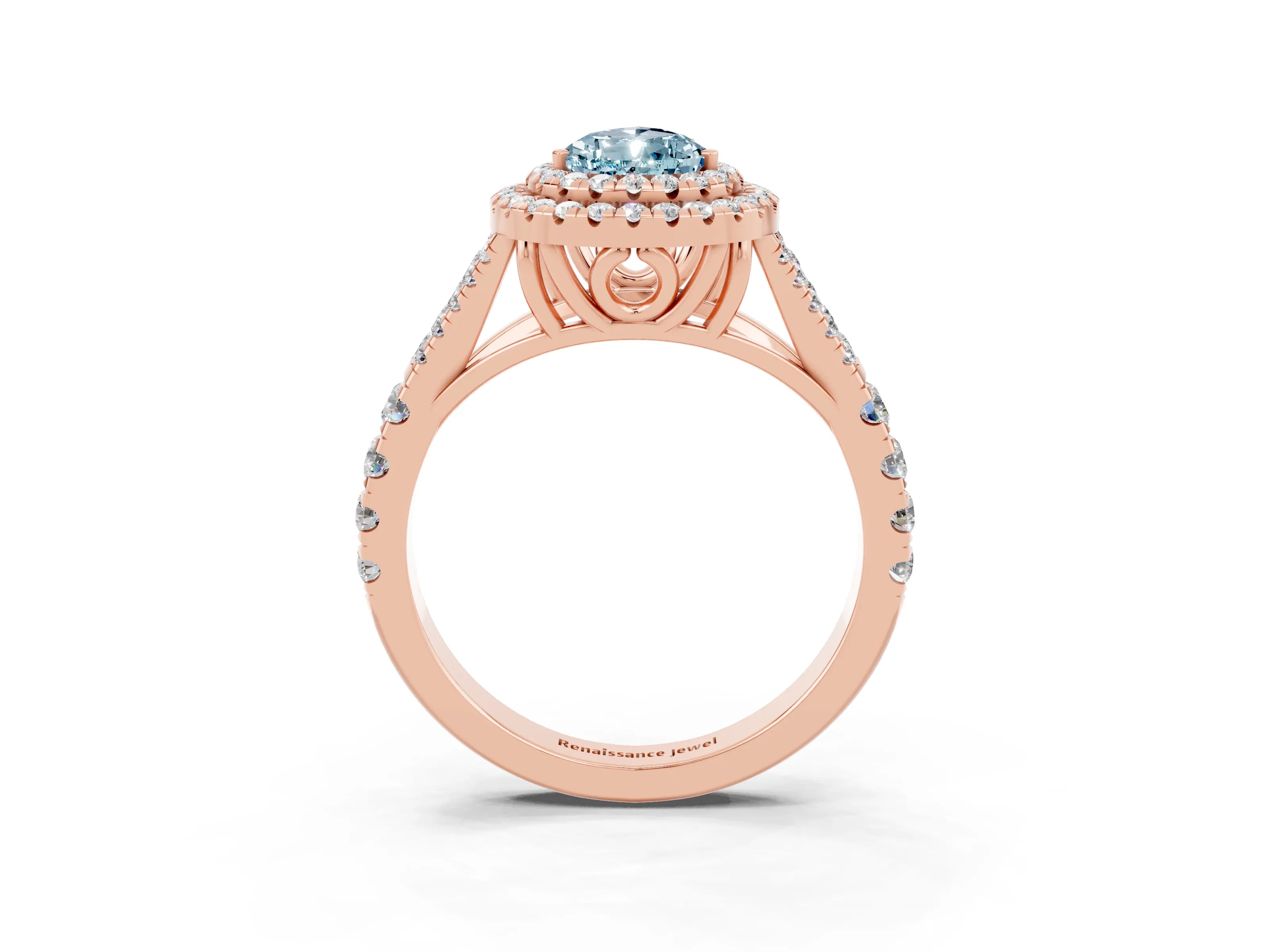 Rose gold Double Halo Pear Cut Aquamarine Pavé Split Shank Ring with Prong Setting_3