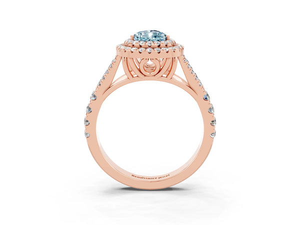 Rose gold Double Halo Pear Cut Aquamarine Pavé Split Shank Ring with Prong Setting