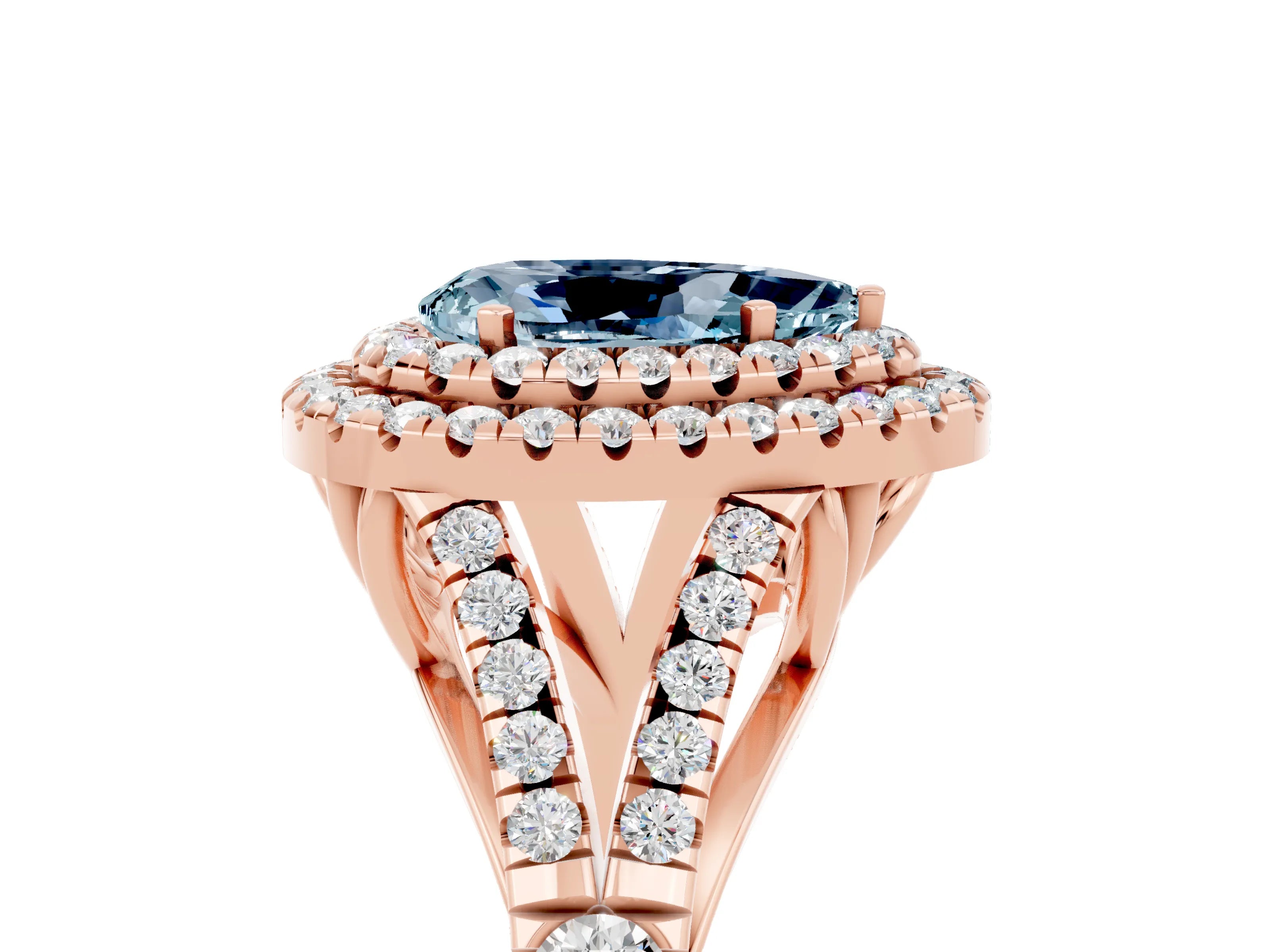Rose gold Double Halo Pear Cut Aquamarine Pavé Split Shank Ring with Prong Setting_5