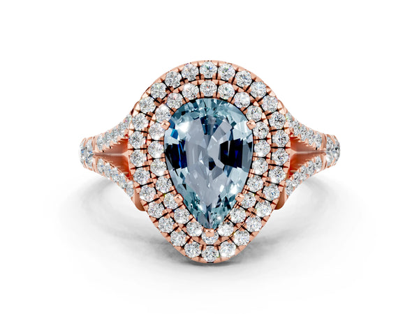 Rose gold Double Halo Pear Cut Aquamarine Split Shank Engagement Ring with Four-Prong Setting