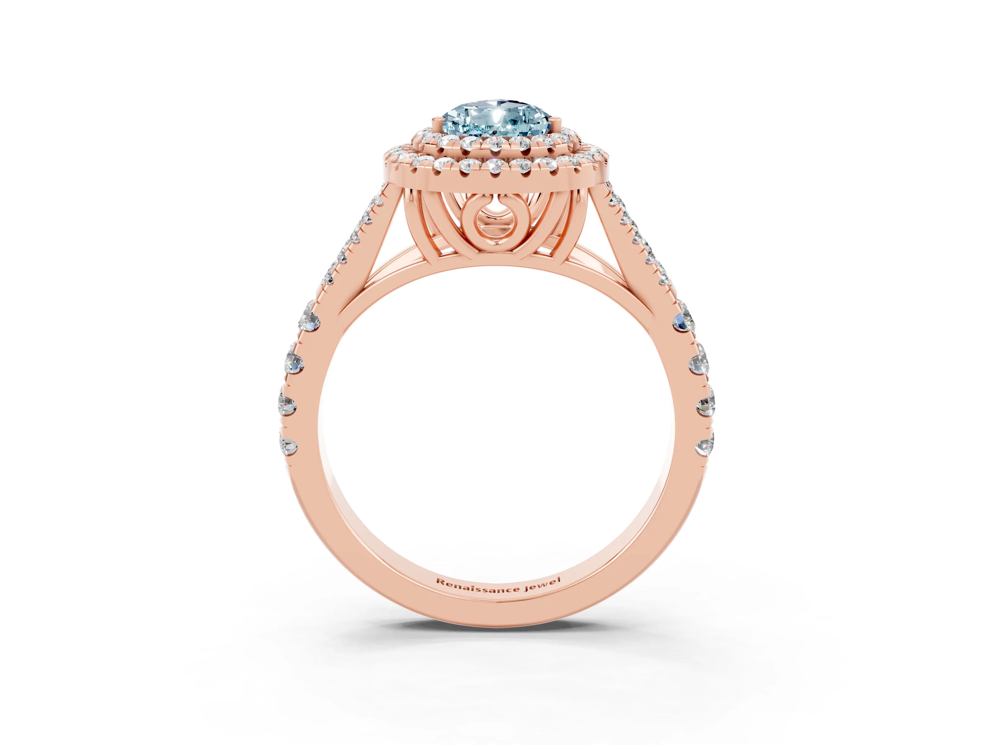 Rose gold Double Halo Pear Cut Aquamarine Split Shank Engagement Ring with Four-Prong Setting_3