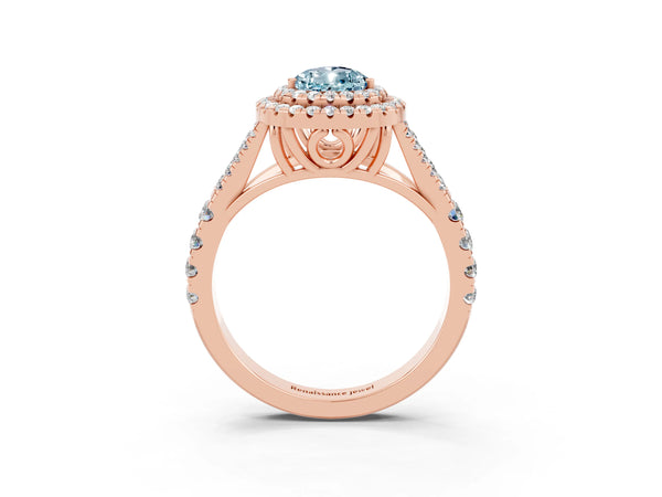 Rose gold Double Halo Pear Cut Aquamarine Split Shank Engagement Ring with Four-Prong Setting