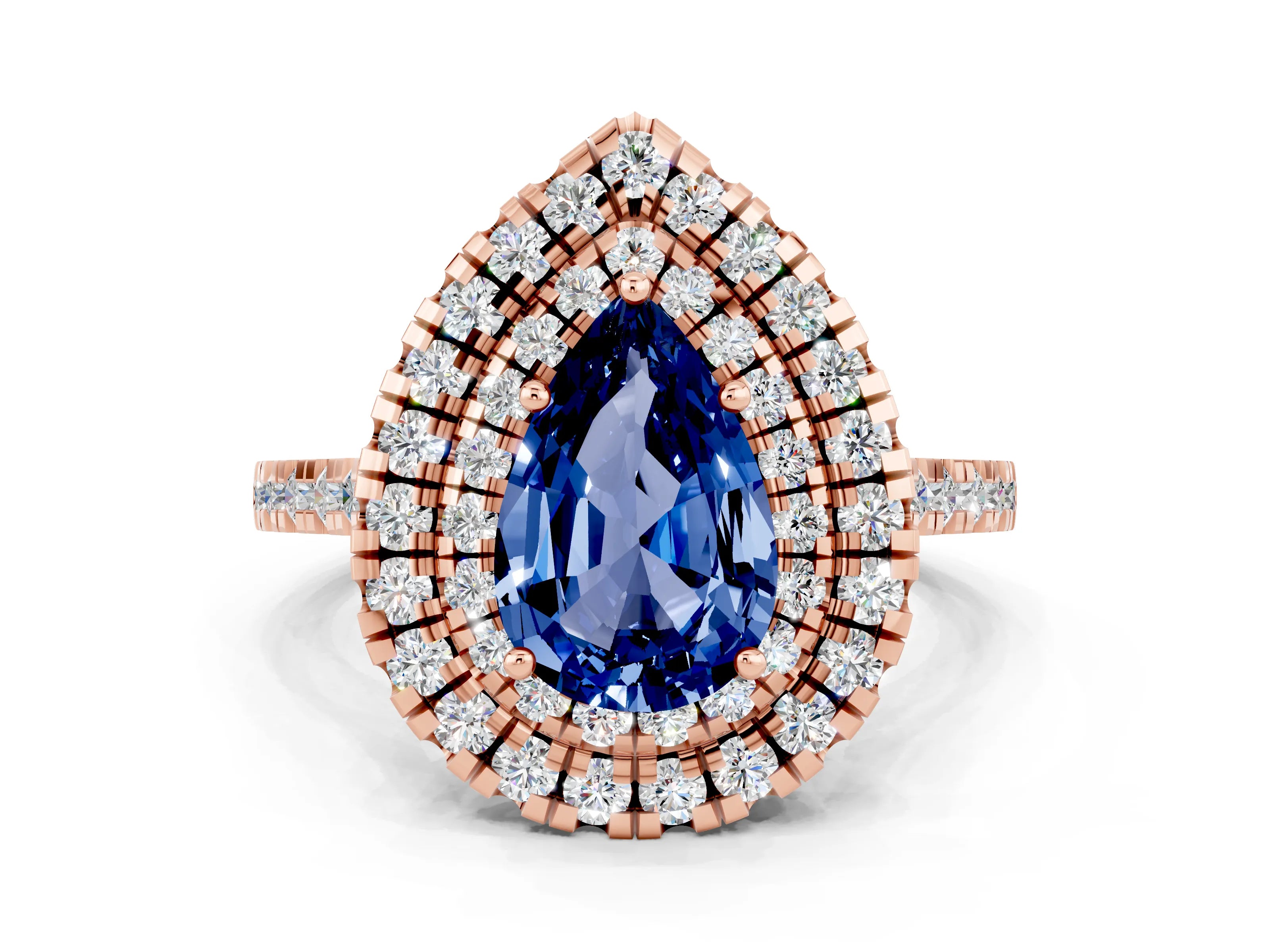 Rose gold Double Halo Pear Cut Blue Sapphire Pavé Band with Four-Prong Setting