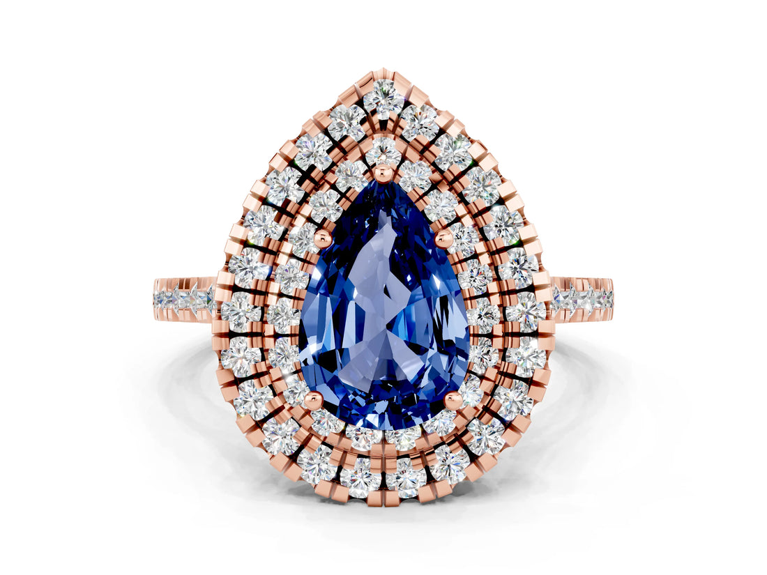 Rose gold Double Halo Pear Cut Blue Sapphire Pavé Band with Four-Prong Setting
