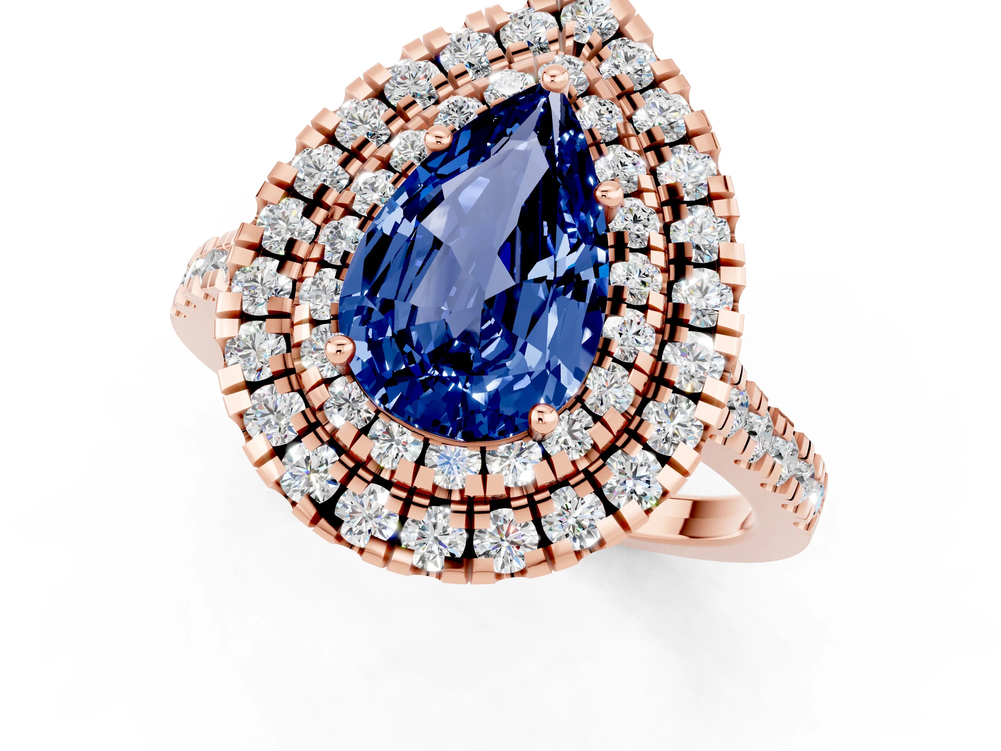 Rose gold Double Halo Pear Cut Blue Sapphire Pavé Band with Four-Prong Setting_1