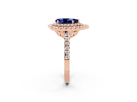 Rose gold Double Halo Pear Cut Blue Sapphire Pavé Band with Four-Prong Setting_2